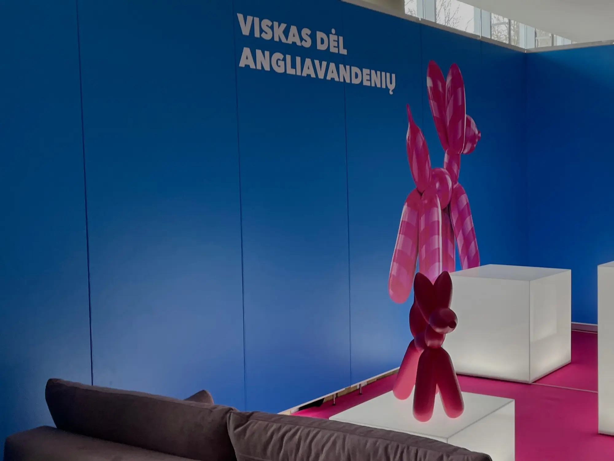 Balloon dog skulptūra prieš mėlyną stendo sieną su užrašu „Viskas dėl angliavandenių“