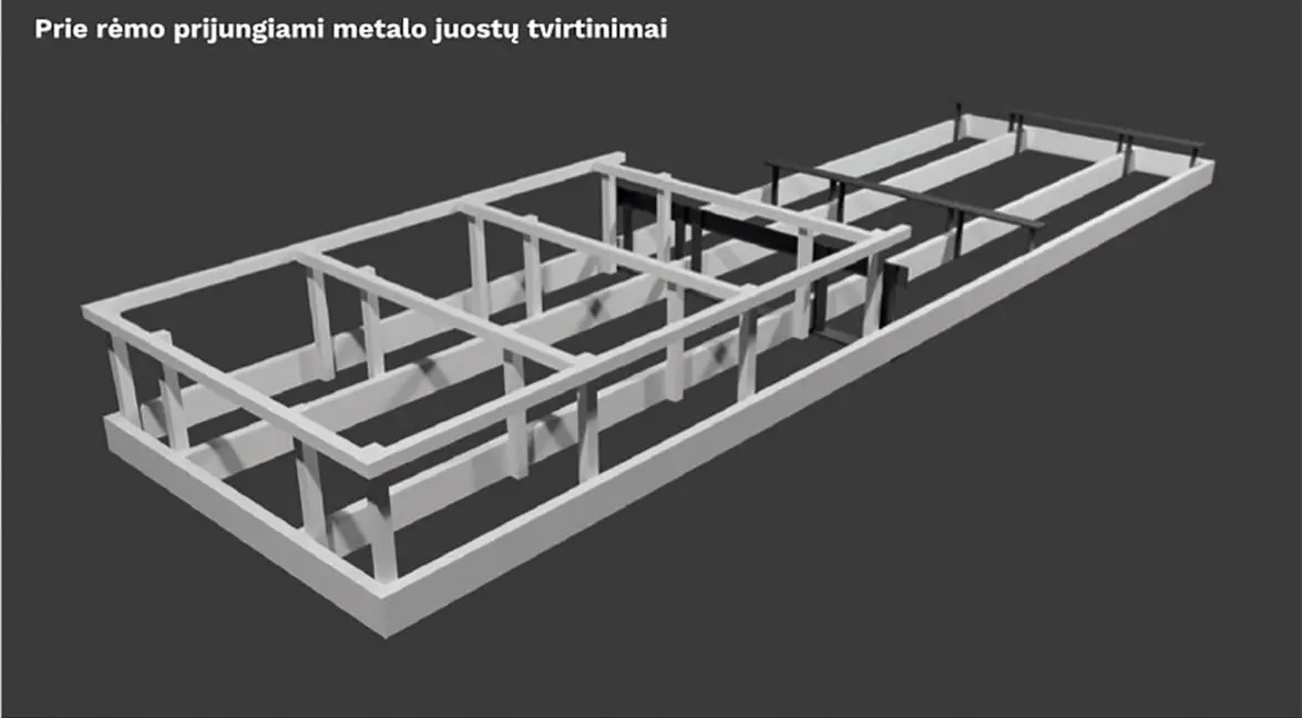 Grand Baltic Dunes stogelio projektas: prie rėmo prijungiami metalo juostų tvirtinimai