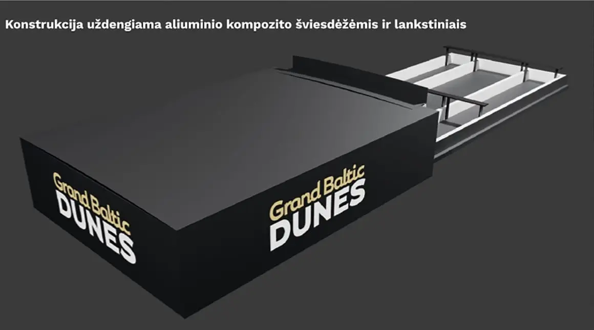 Grand Baltic Dunes stogelio projektas: konstrukcija uždengiama aliuminio kompozito šviesdėžėmis ir lankstiniais