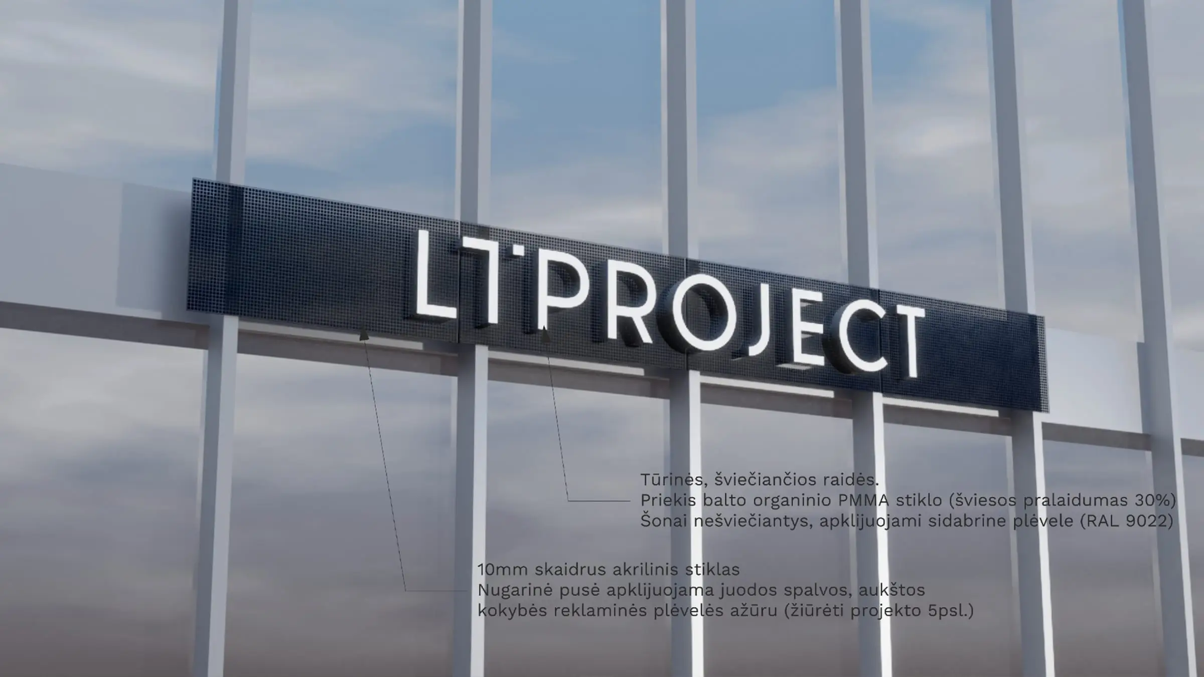 LT Project iškabos vizualizacija ant pastato fasado